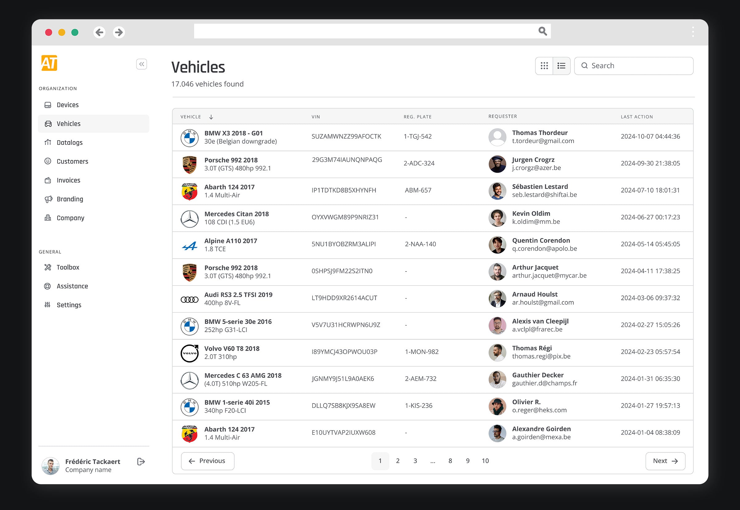 AT Cloud mockup with vehicles list